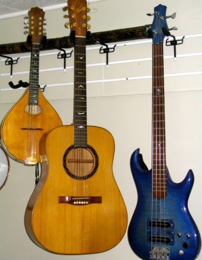 Carved Walnut Mandolin, Mahogany Guitar, Maple Electric Bass